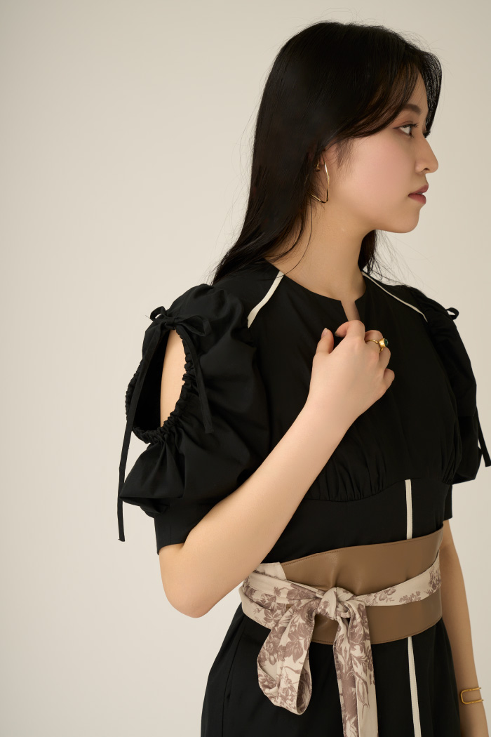 バイカラーラインワンピースを着た女性モデル